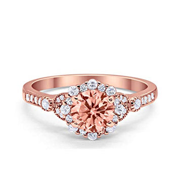 Floral Art Deco Engagement Ring Rose Tone, Simulated Morganite CZ 925 Sterling Silver